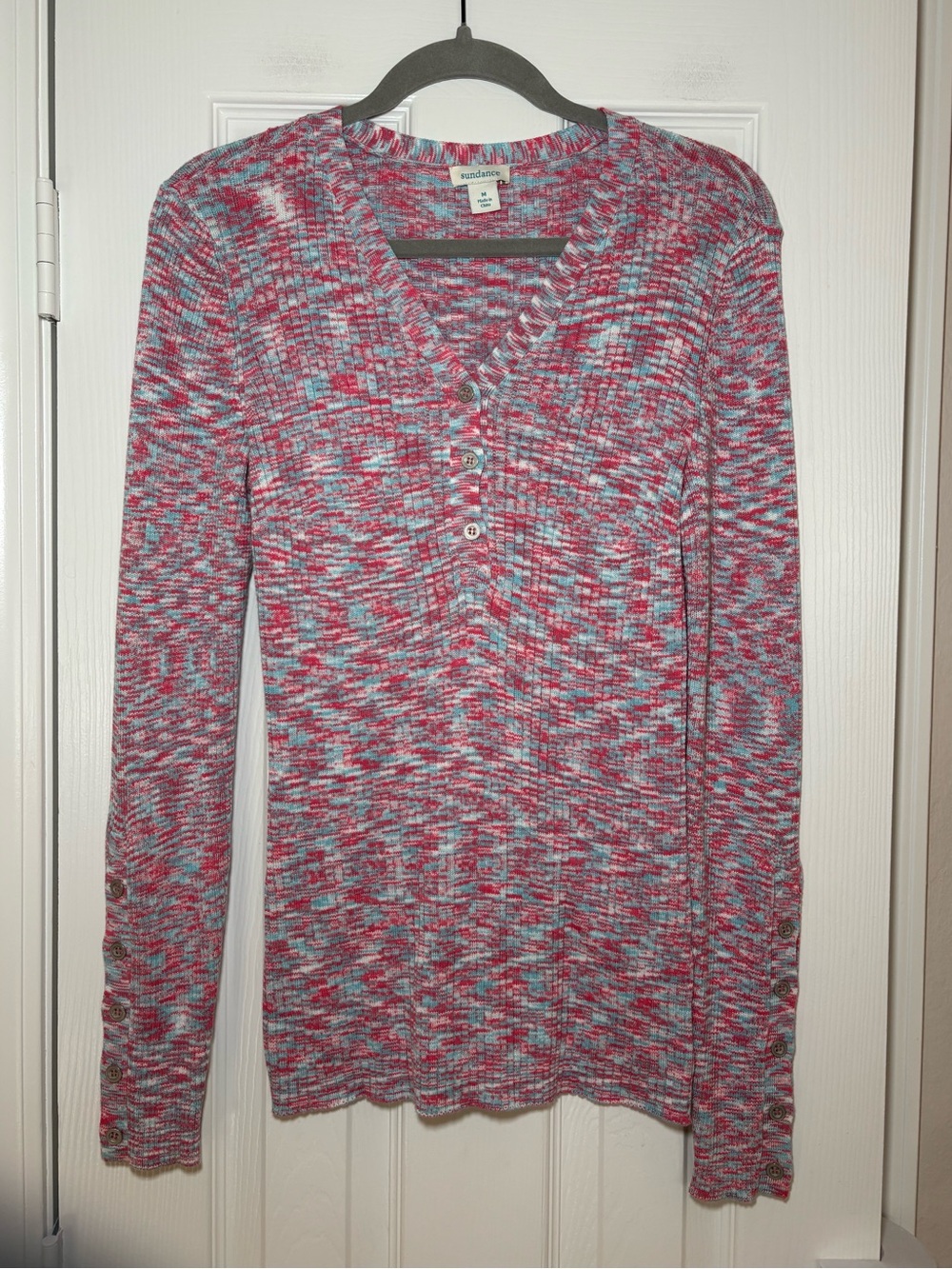 Sundance Medium Marled Knit Henley Sweater Pink Blue